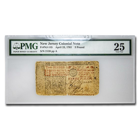 1761 3 Pounds New Jersey Colonial Currency 4/23/61 VF-25 PMG 1761 3 Pounds New Jersey Colonial Currency 4/23/61 VF-25 PMG
